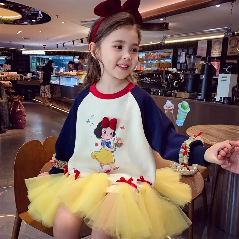 Girl's Fall/Winter Sweatshirt Long Sleeve Princess Elsa Snow White Cartoon Print Tulle Skirt Casual Hoodie Dress 2-12 Years Old