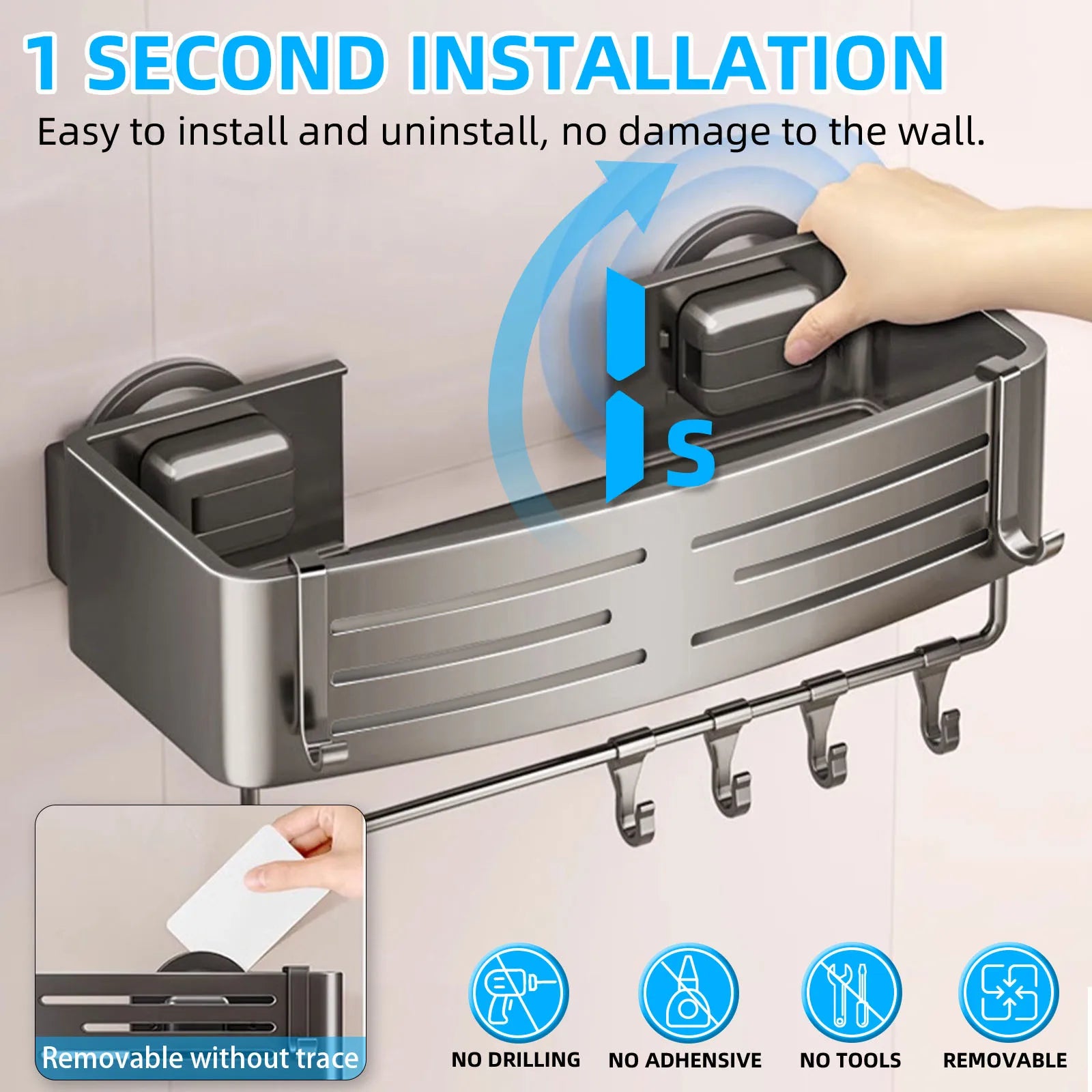 Viladepot Suction Cup Shelf Gray Bathroom Shelf Cargo Organizer With 4PCS Hooks 1PCS Towel Bar