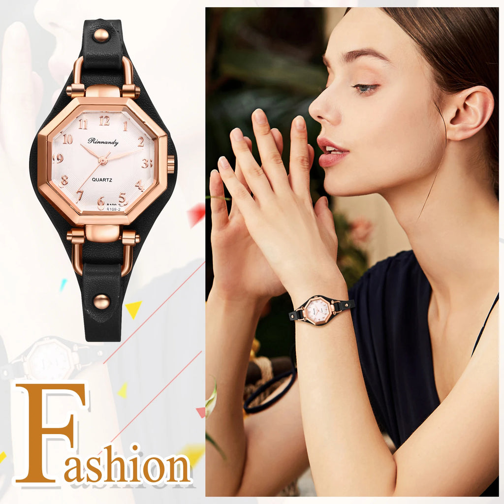 LANCARDO Ctagonal Leather Bracelet for Women Strap Waterproof Analog Quartz Arabic Digital Scale Exquisite Fashion Watch