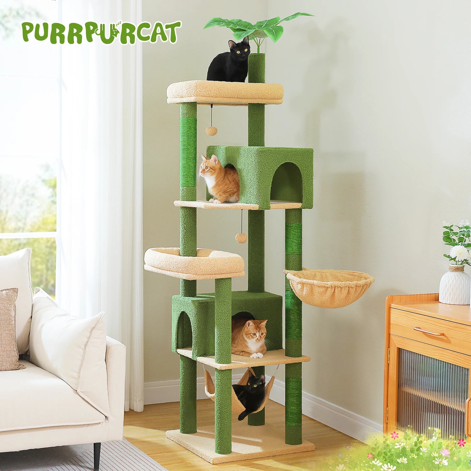 190cm Large Cat Tree 6-Level Cat Tower with 2 Big Perches,Cozy Hammocks,Natural Sisal Rope,2 Cat Condo,Pompoms for Indoor Cats