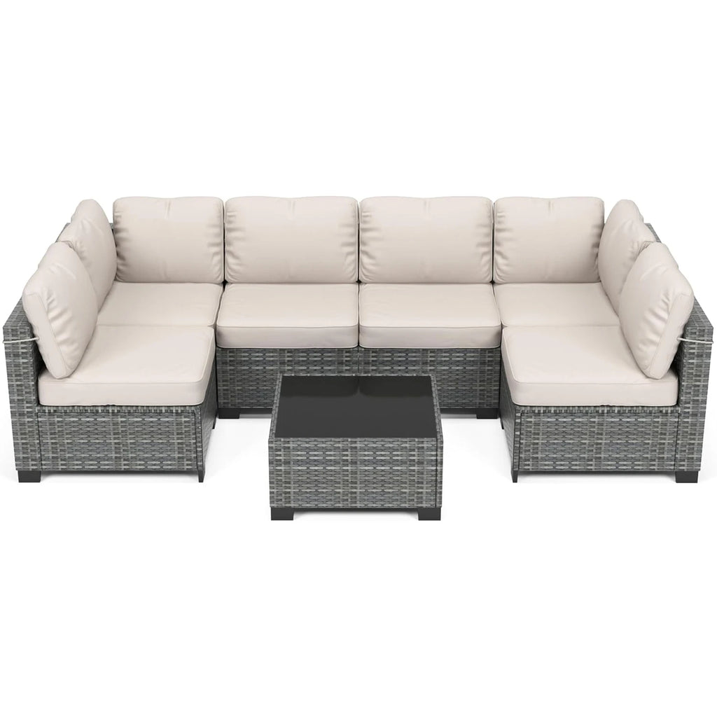 7-Piece Modular Outdoor Furniture Set, PE Rattan Wicker Sectional Modular Conversation Sofa Set, Perfect For Garden Balcony