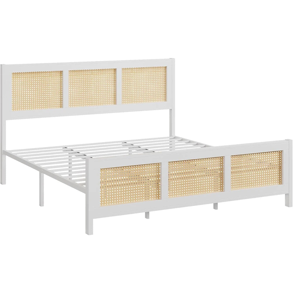 Living Room Bed Frame with Headboard, White Boho Cane Platform Bed Frame with Strong Metal Slat Noise Free No Box Spring Needed