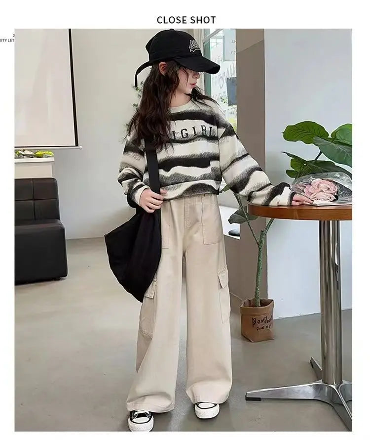 2025 autumn spring Girls clothes Sweatshirt Kids teens dress top Child striped letters hooded tracksuit 4 6 7 8 9 10 11 12 year