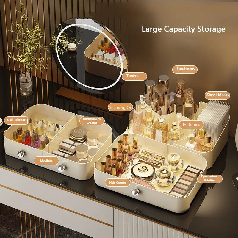 Desktop Cosmetics Storage Box Drawer Style Compartmentalized Organizer Dustproof Cosmetic Storage Box with 360°Rotating Organize