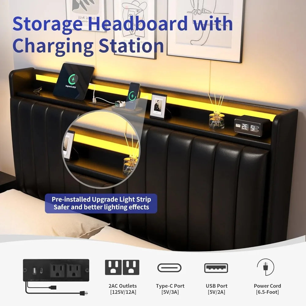 Full Size Floating Bed Frame with Ergonomic Hidden Storage Headboard and LED Lights, Visual Floating LED Bed Frame with Charing