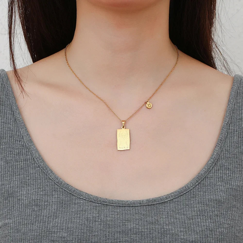 Stainless Steel Square Tarot Card Pendant Women Necklace Twelve Constellations Gold-Plated Clavicle Chain Horoscope Gifts