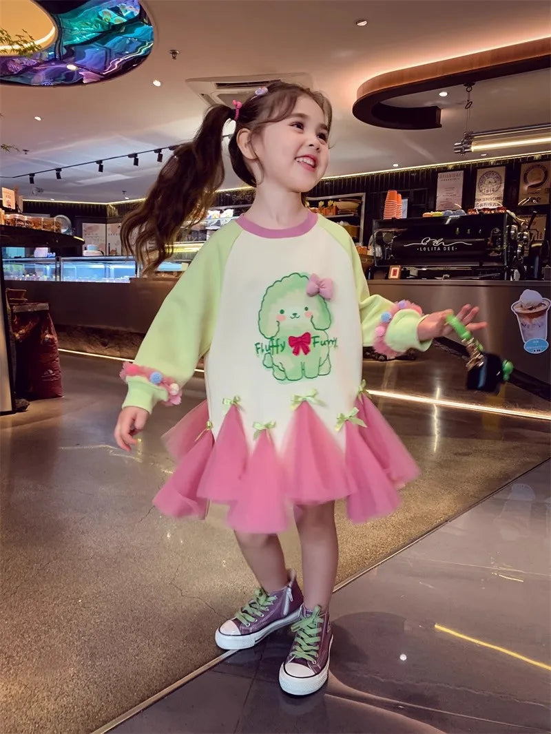 Girl's Fall/Winter Sweatshirt Long Sleeve Princess Elsa Snow White Cartoon Print Tulle Skirt Casual Hoodie Dress 2-12 Years Old