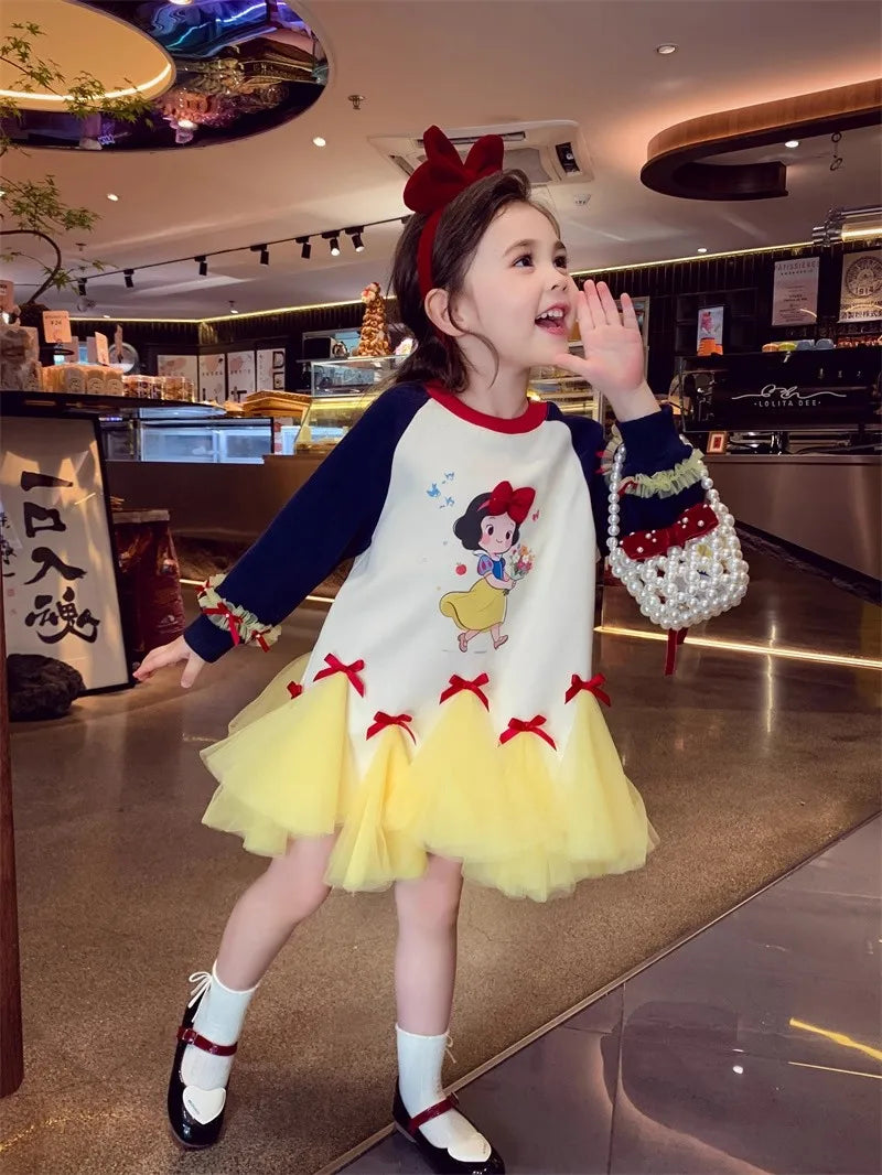 Girl's Fall/Winter Sweatshirt Long Sleeve Princess Elsa Snow White Cartoon Print Tulle Skirt Casual Hoodie Dress 2-12 Years Old