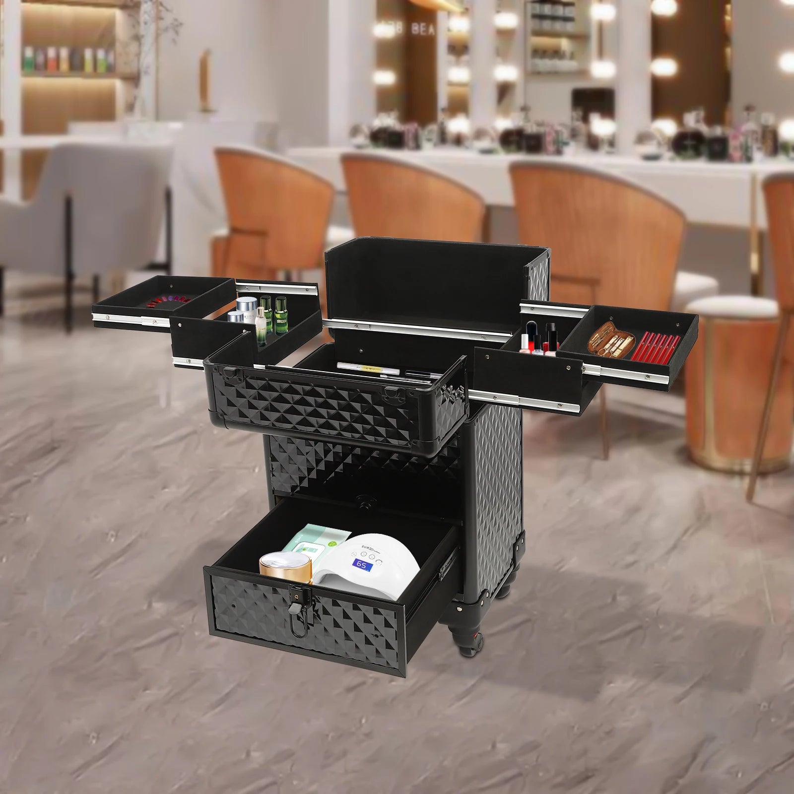 Rolling Makeup Train Case Aluminum Alloy and ABS Construction, 44 lbs Load Capacity, 7 Compartments and Drawer for Makeup