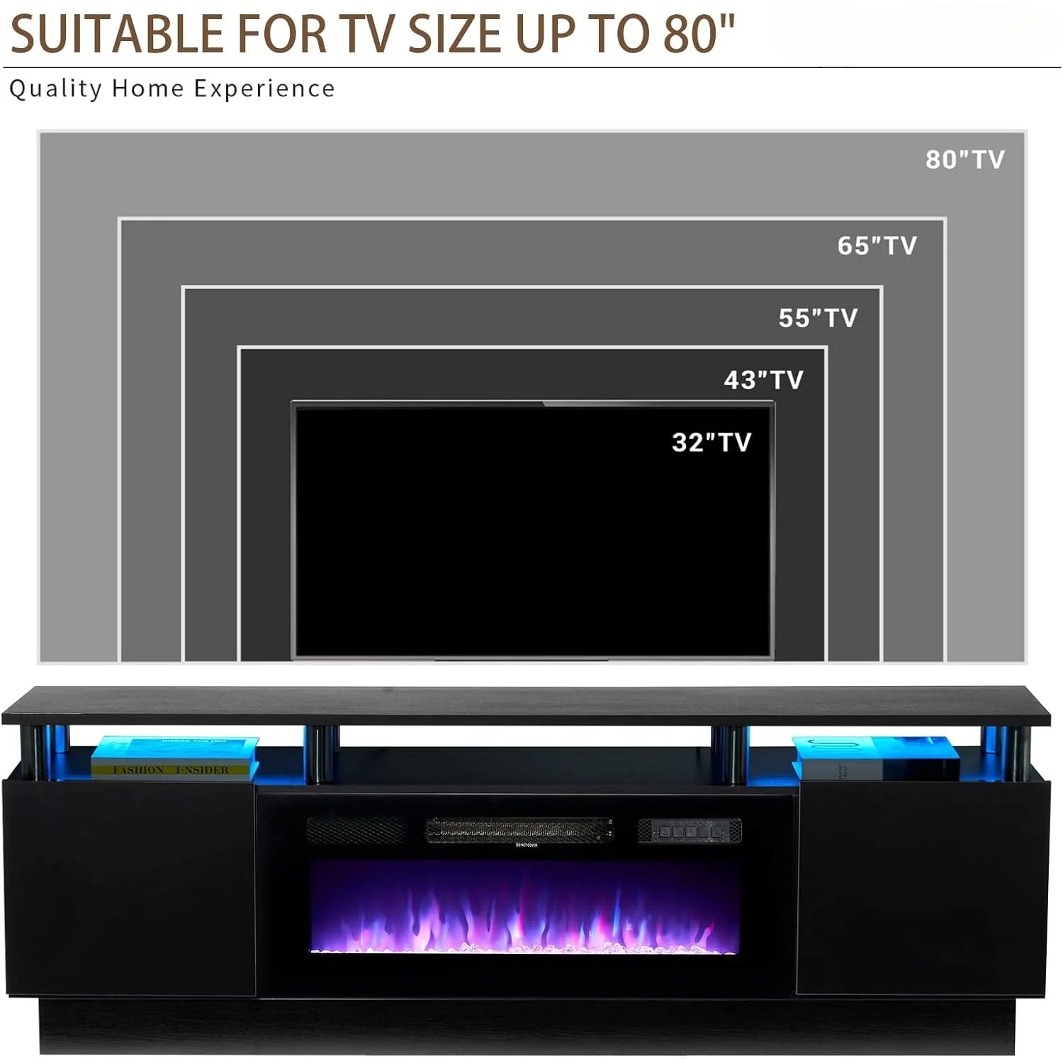 70 inch modern electric fireplace TV stand, suitable for TVs under 80 inches, with electronic flame and LED lights, black