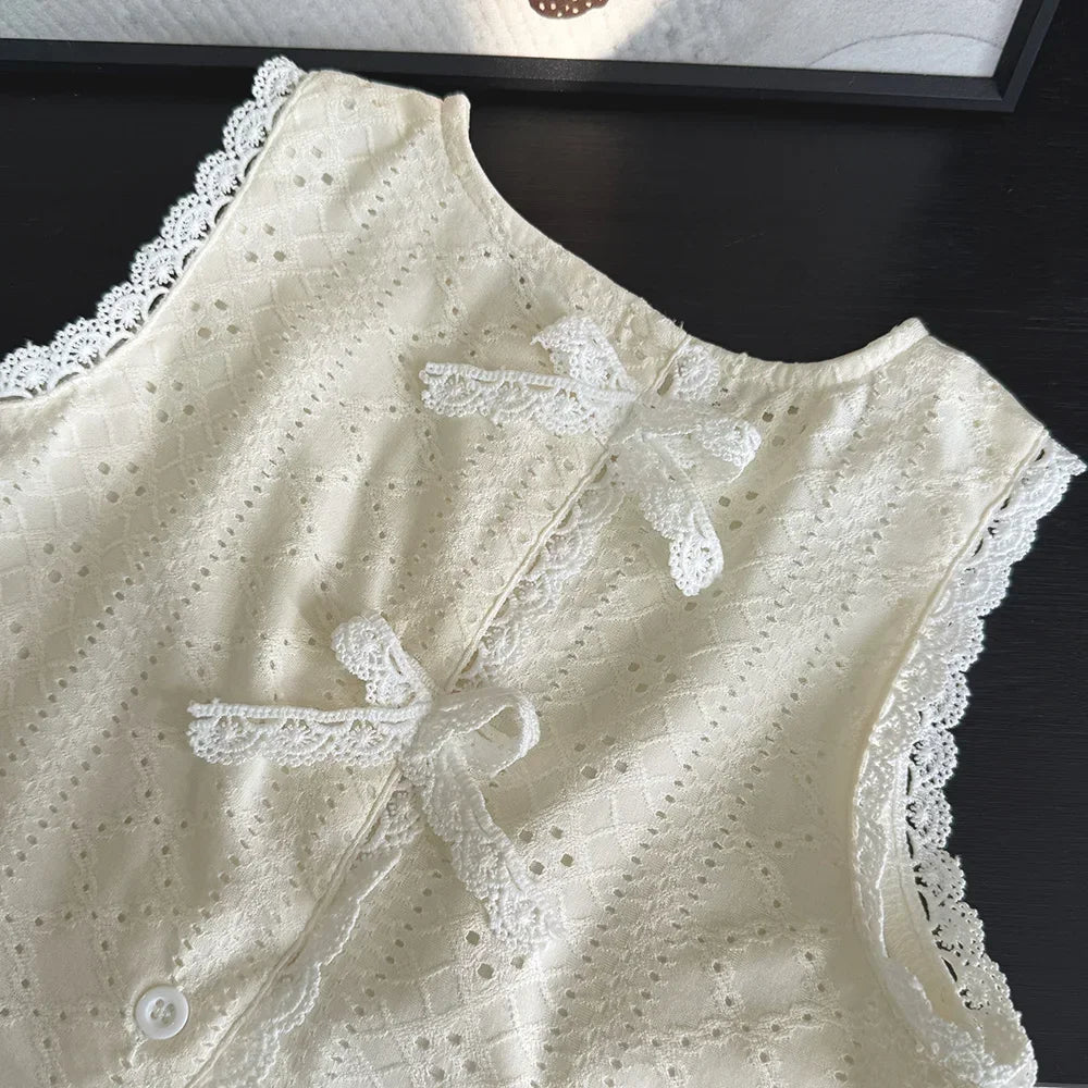 Girls White Suit Bow Decorative Ruffled Sleeveless Top + Pants Two-piece Set Sweet Children's Clothing 3-7 Years Old Kids Wear