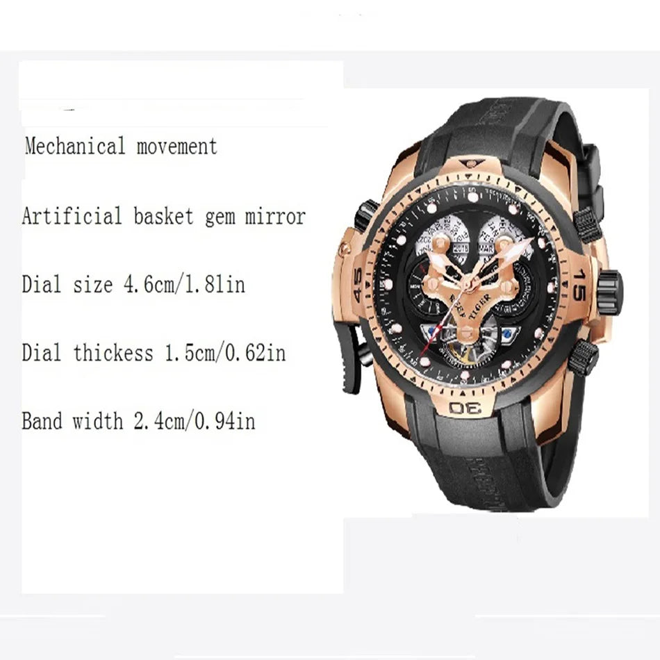 reeftiger Men's Mechanical Watch, Fully automatic multi-functional double calendar Business men's watch, Men's clock RGA3503