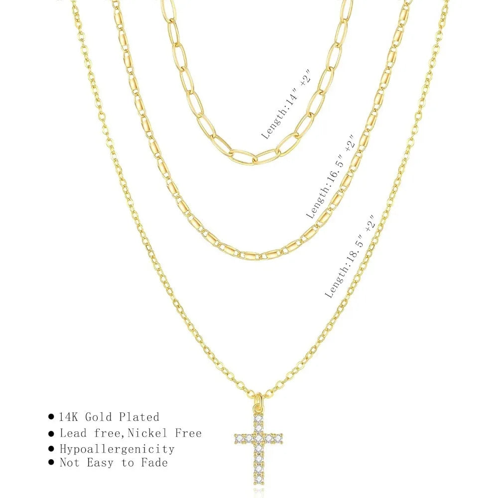 Layered Gold Necklace for Women, Trendy Stackable 14k Gold CZ Diamond Cross Pendant Necklace Jewelry, Paperclip Box Flat Necklac