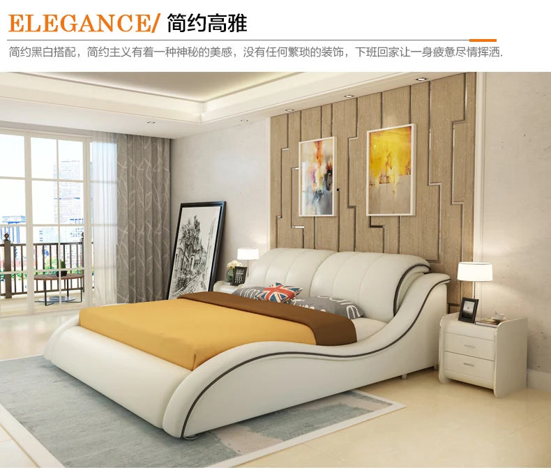 Genuine Leather Bed Frame Rectangle Upholstered Camas Double beds Designer lit 2 Personnes  Bedroom(size,color can be customized