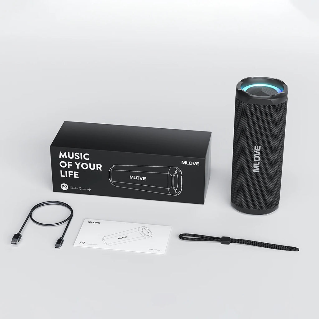 MLOVE P2 Bluetooth Speaker, Bluetooth 5.3, Dual Speakers, RGB Lights, IPX7 Waterproof, TWS Connectivity