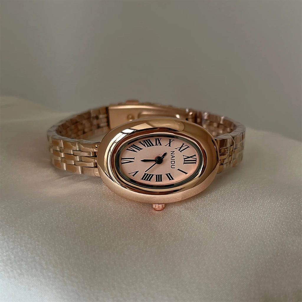 Hot Sale Fashion Watch for Women Mid Ancient Style Oval Dial Small Gold Watch Adjustable Steel Strap Quartz Wristwatch Wholesale