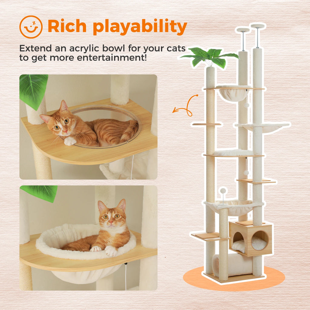 Floor to Ceiling Cat Tree with Scratching Posts Spacious Condo Hammock Tunnel Indoor Height Adjustable Wooden Cat Tower Cat Toys