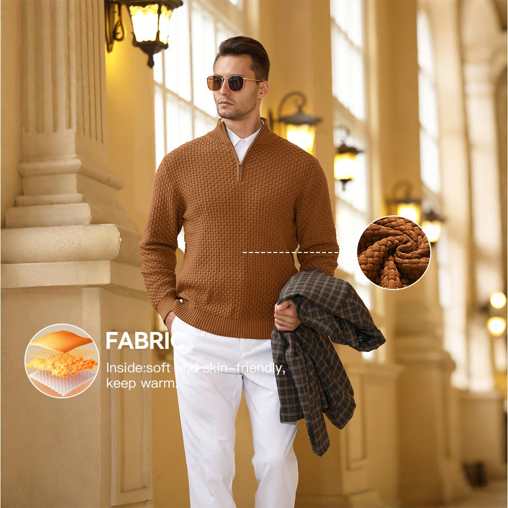 Men's Sweater Spring Outer Wear Quarter Zip Sweaters Polo Zip Pullover Cable Knit Mock Neck Turtleneck Top US Size