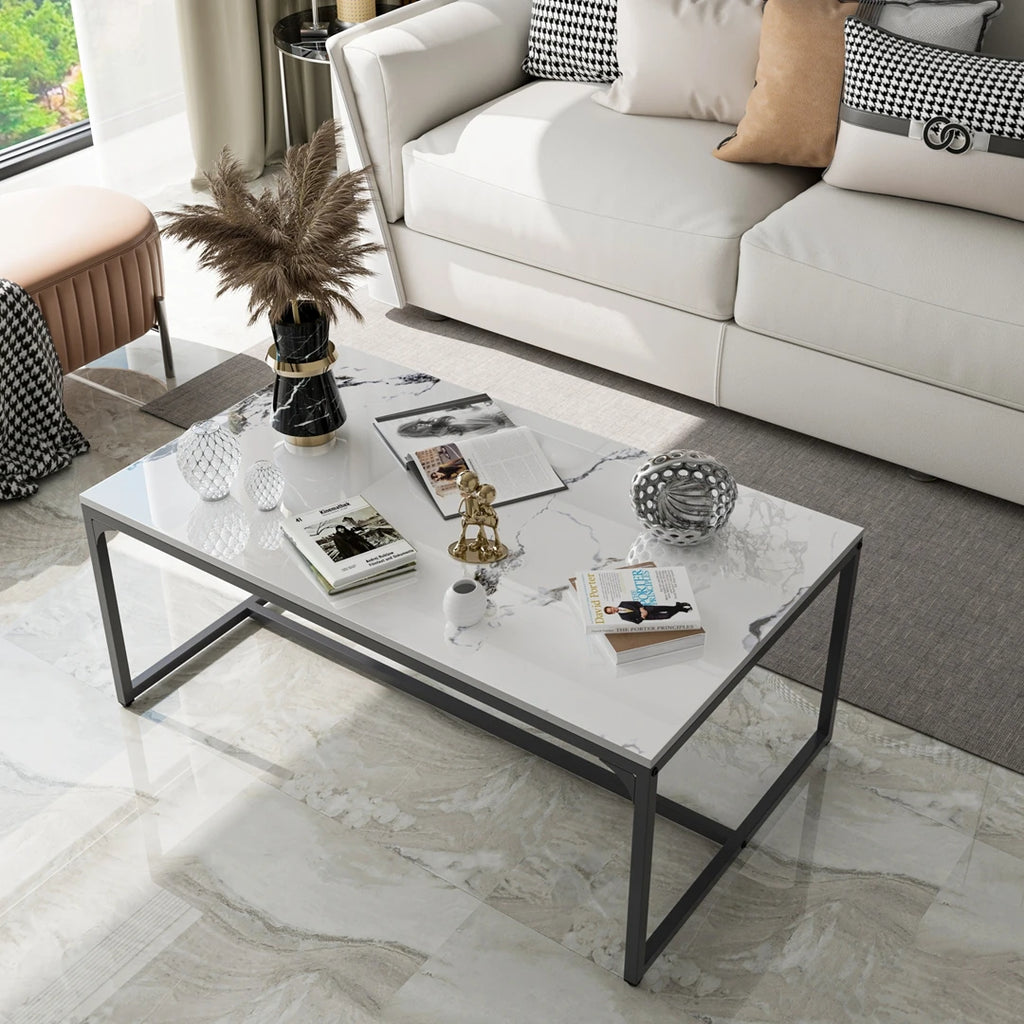 Modern Rectangular Coffee Table |Chic Sintered Stone Top|Black Aluminum Frame| Space-Saving Living Room & Bedroom Side Table