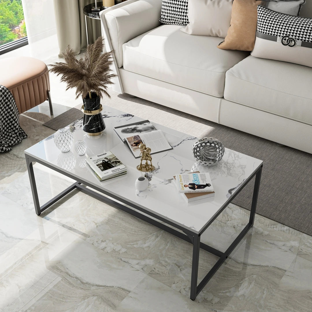Modern Rectangular Coffee Table |Chic Sintered Stone Top|Black Aluminum Frame| Space-Saving Living Room & Bedroom Side Table