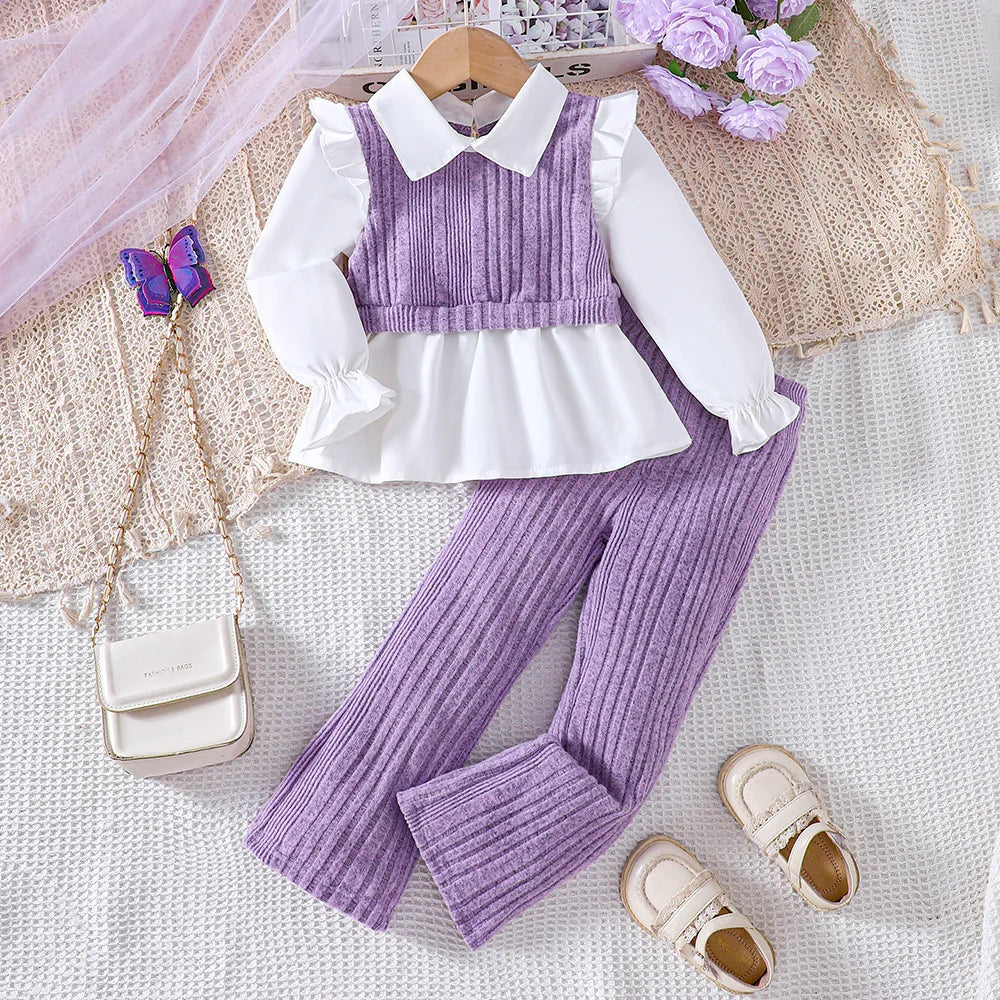 Kids Casual Clothing Sets for Girls Spring 2024 New Toddler Purple Long Sleeve Shirts Tops Knitted Pant Fashion Children 2-8Y