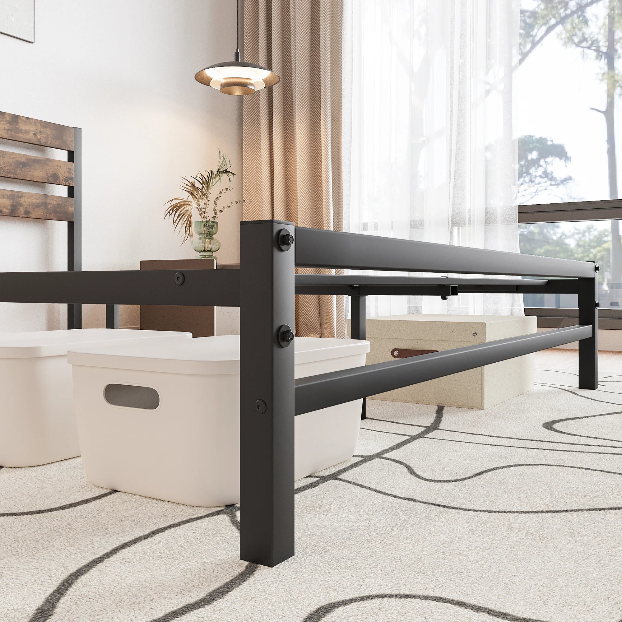 Queen Size Platform Bed Frame with Rustic Vintage Wood Headboard, Strong Metal Slats Support Mattress Foundation, No Box Spring