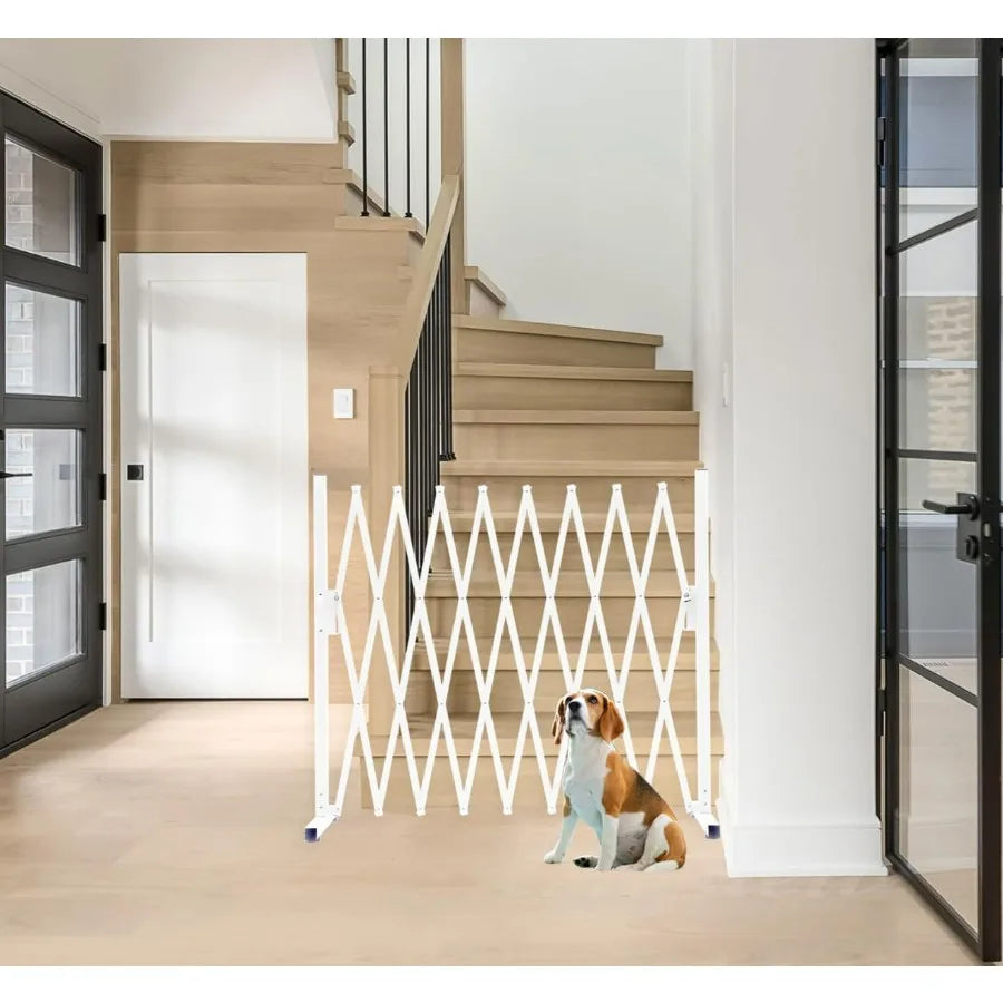 Metal Expandable Dog Gate 9 Feet for Indoor and Outdoor Use Versatile Accordion Safety Barrier with Portable Retractable Design
