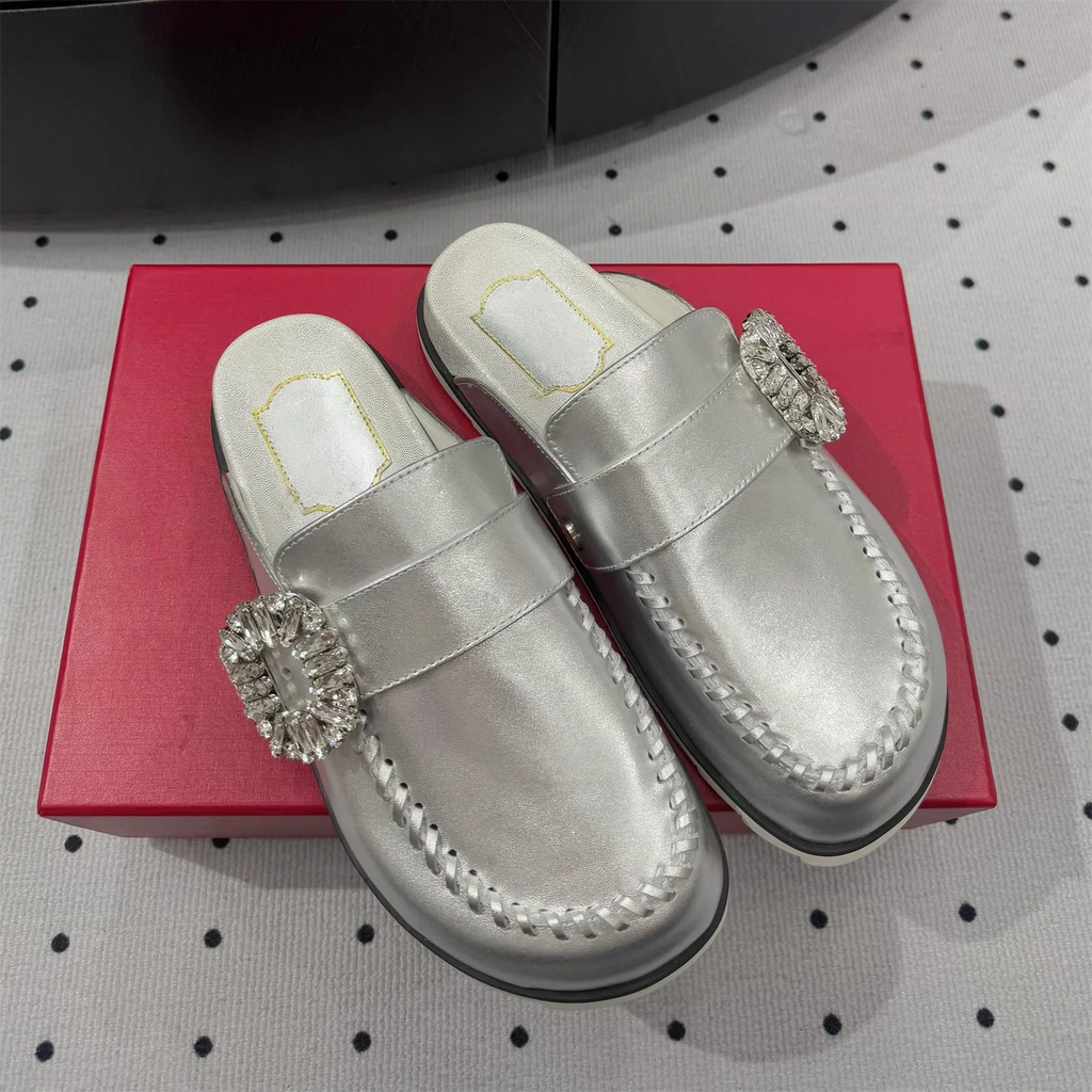 Top Version Genuine Leather Round-Tpe Thick Sole Woman Slippers Buckle-Belt Decora Mules Slip-ons Loafers Slides Bota Feminina