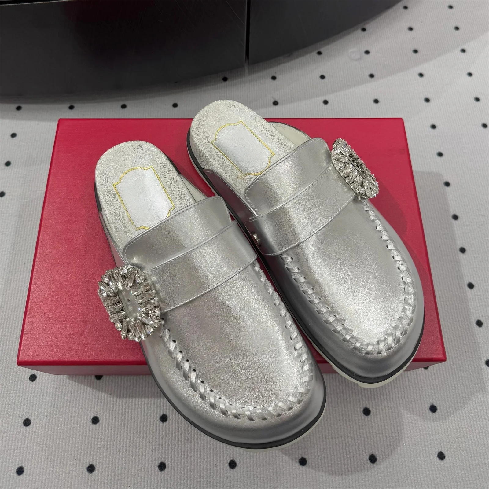 Top Version Genuine Leather Round-Tpe Thick Sole Woman Slippers Buckle-Belt Decora Mules Slip-ons Loafers Slides Bota Feminina