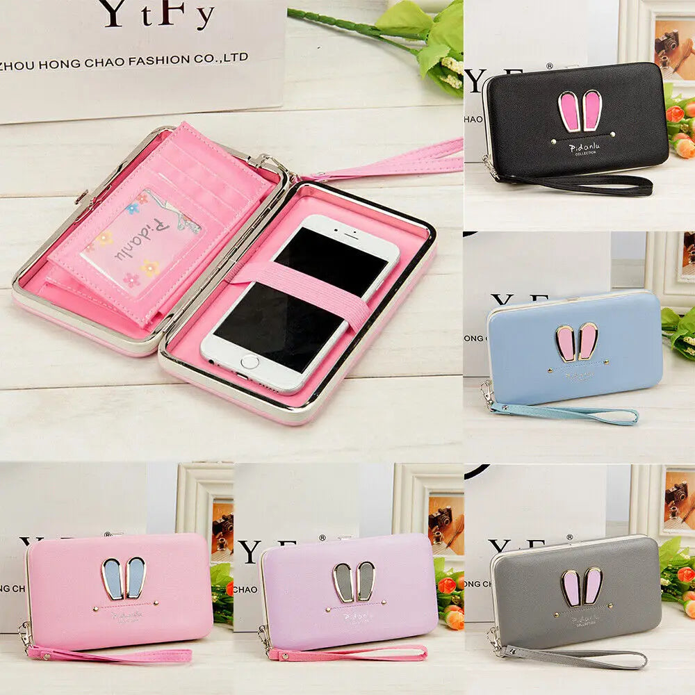Cartoon Rabbit Ears Women's Cell Phone Box Wallet Credit Card Holder Purse with Wristlet Handbag
