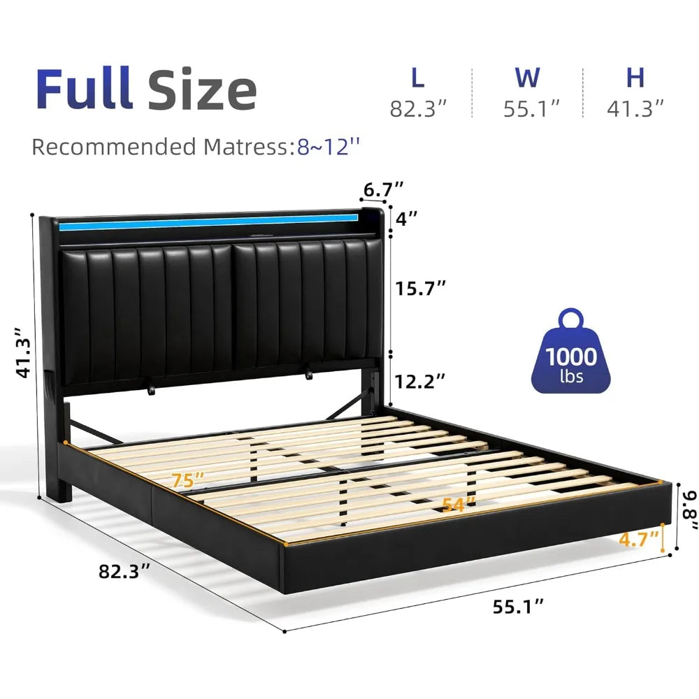 Full Size Floating Bed Frame with Ergonomic Hidden Storage Headboard and LED Lights, Visual Floating LED Bed Frame with Charing