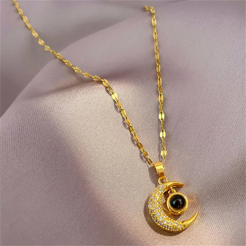 Female Fashion Moon Pendant Necklace Titanium Steel Chain Ladies Jewelry Accessories 100 Languages I Love You