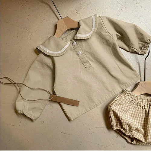 Infant Baby Boys Girls Clothes Suit Navy Collar Long Sleeve Cotton T-shirt +PP Shorts Spring Autumn Baby Boys Girls Clothes Set