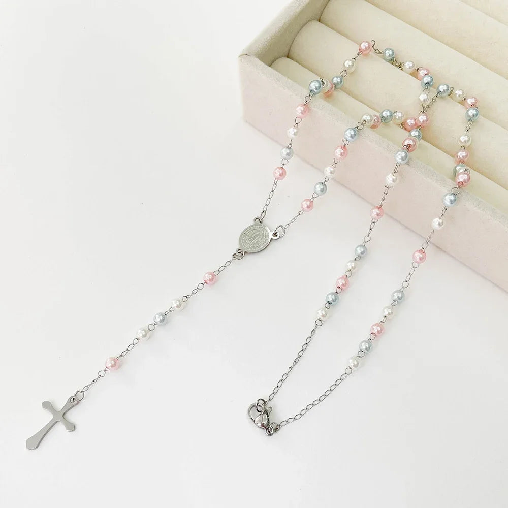 Y Shape Beads Chain Gold Color Stainless Steel Virgin Mary Cross Rosary Pendant Long Necklace Women Girls Jewelry Spiriti Pray