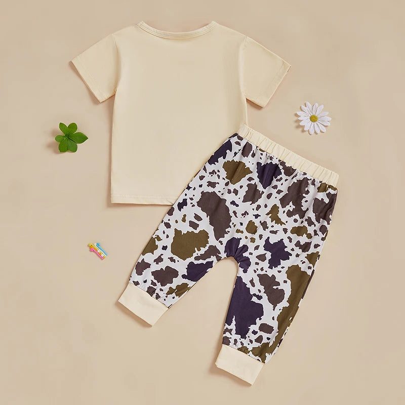 Baby Boy Cowboy Birthday Outfit Rodeo Theme Shirt and Jeans Set with Cow Print Elastic Waistband - 2 Piece Set