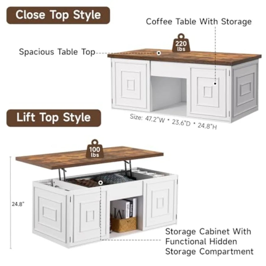 Lift Top Coffee Table with Storage 48 Rustic Center Table with Hidden Storage Compartment and 2 Cabinet White Coffee Table Conv