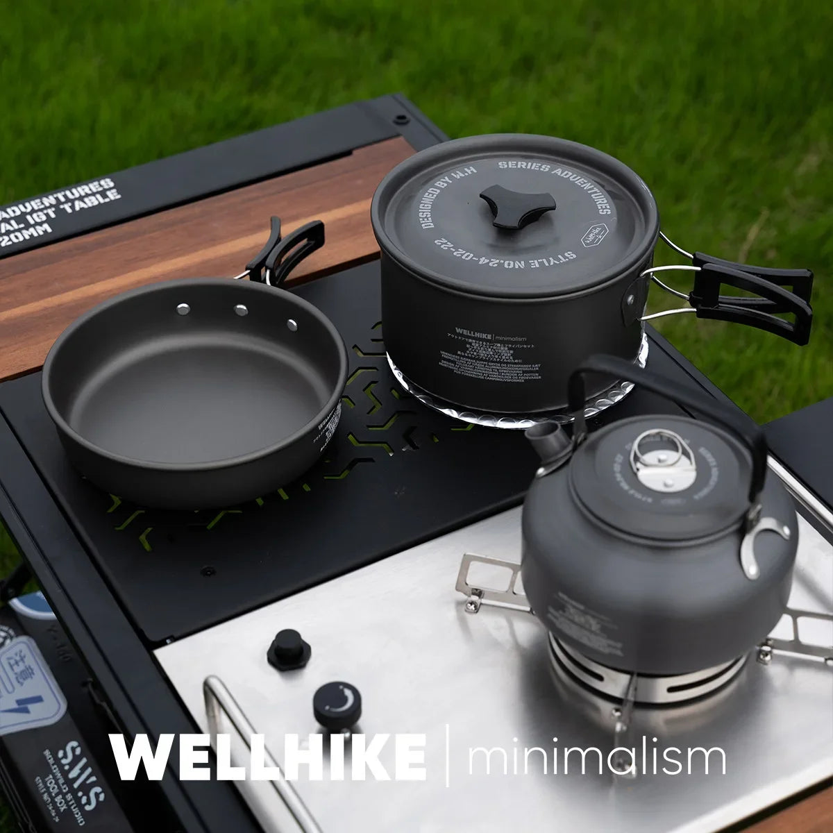 Outdoor Camping Set Pot 1-2 People Pot Portable Camping Cooker Picnic Camping Pot Kettle Frying Pan Cooking Pot, Folding Table