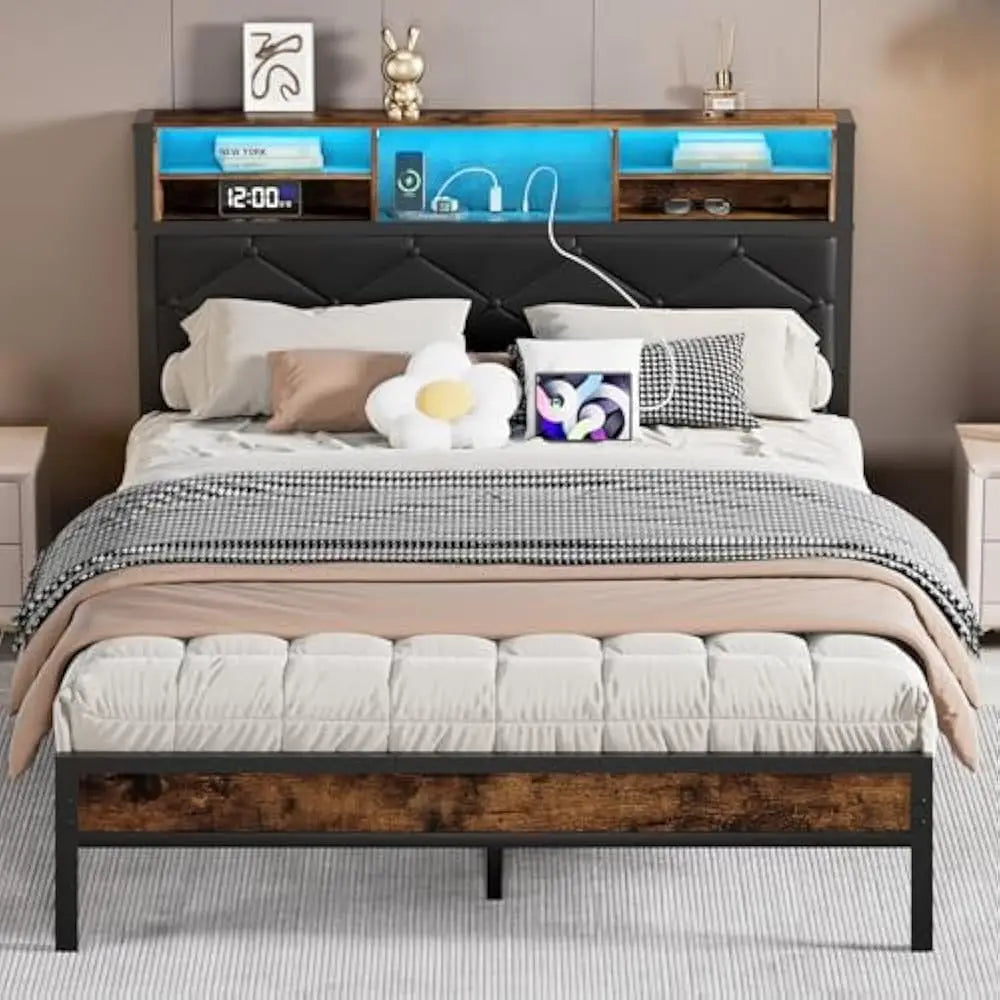 LED Queen Size Bed Frame with Headboard & Foot board and  USB Charging Station, Storage, Noise Free, No Box Spring Needed