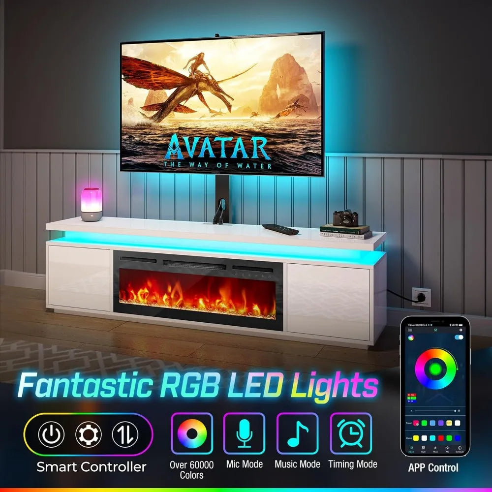 Fireplace TV Stand with Led Lights and Power Outlets, TV Stand Mount with 36" Electric Fireplace, White Entertainment Center fo