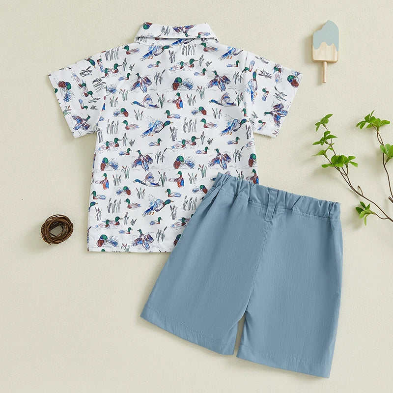 Baby Boy Casual Outfits Dinosaur Print Short Sleeve Collared Shirt with Denim Shorts 2Pcs Set for Summer Wear