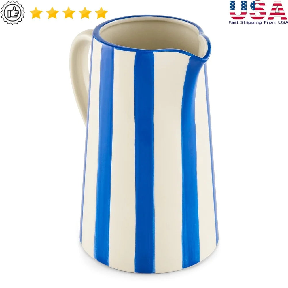 Handcrafted Ceramic Blue Stripe Pitcher Vase Elegant Home Decor Fresh and Artificial Flower Arrangement