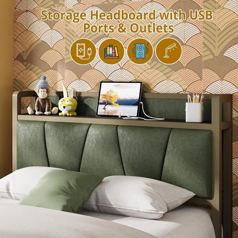 LIKIMIO XL Twin / Queen Bed Frame, Storage Headboard with Charging Station, Solid and Stable, No Box Spring Needed