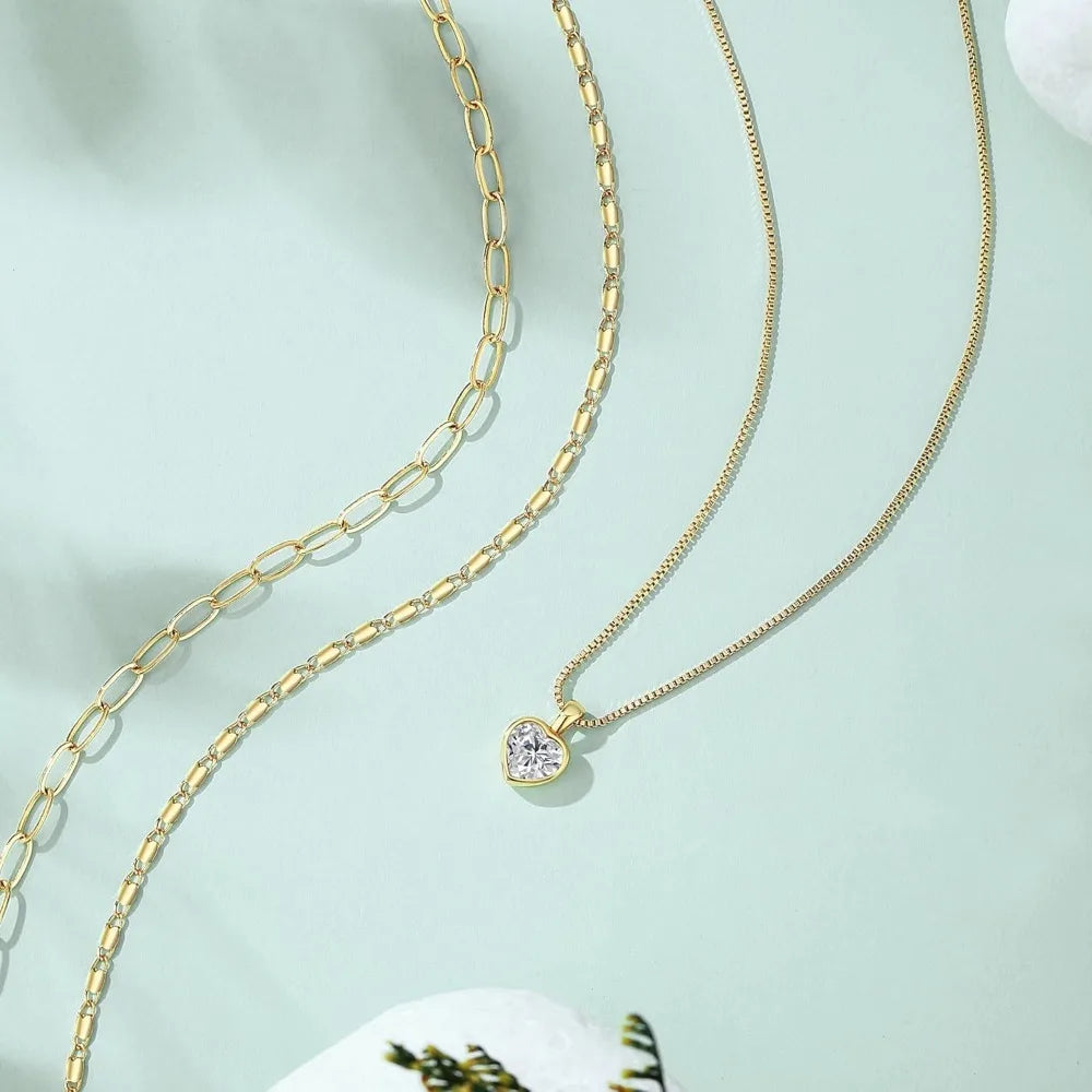 Layered Gold Necklace for Women, Trendy Stackable 14k Gold CZ Diamond Cross Pendant Necklace Jewelry, Paperclip Box Flat Necklac