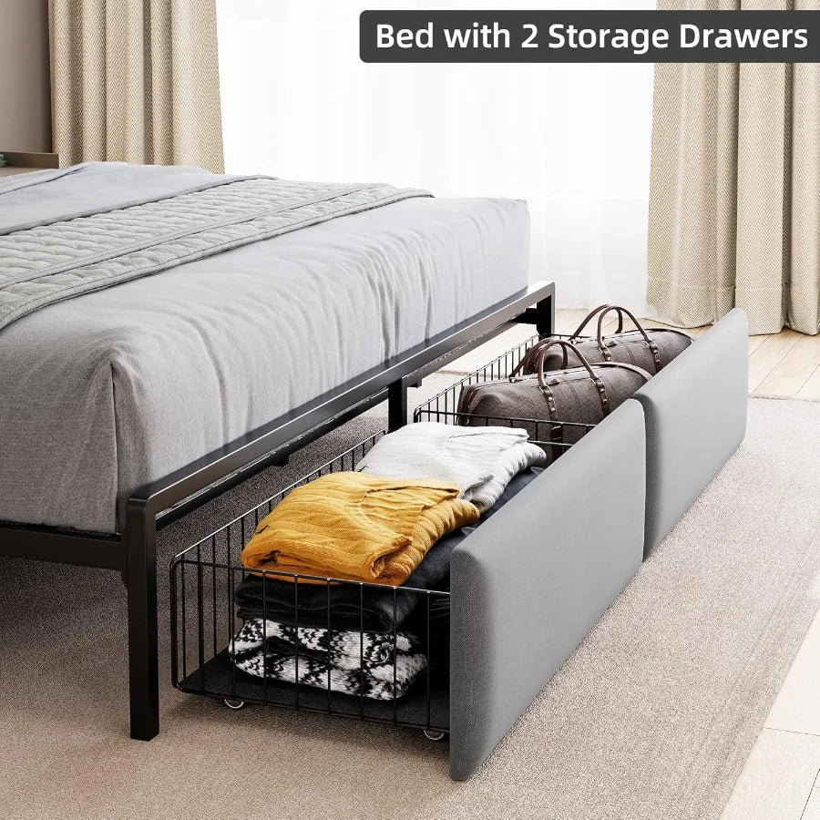 Queen Bed Frame with Headboard and 2 Drawers Metal Platform with USB Ports and Outlets Led Lighting NoiseFree Design No Box Spr