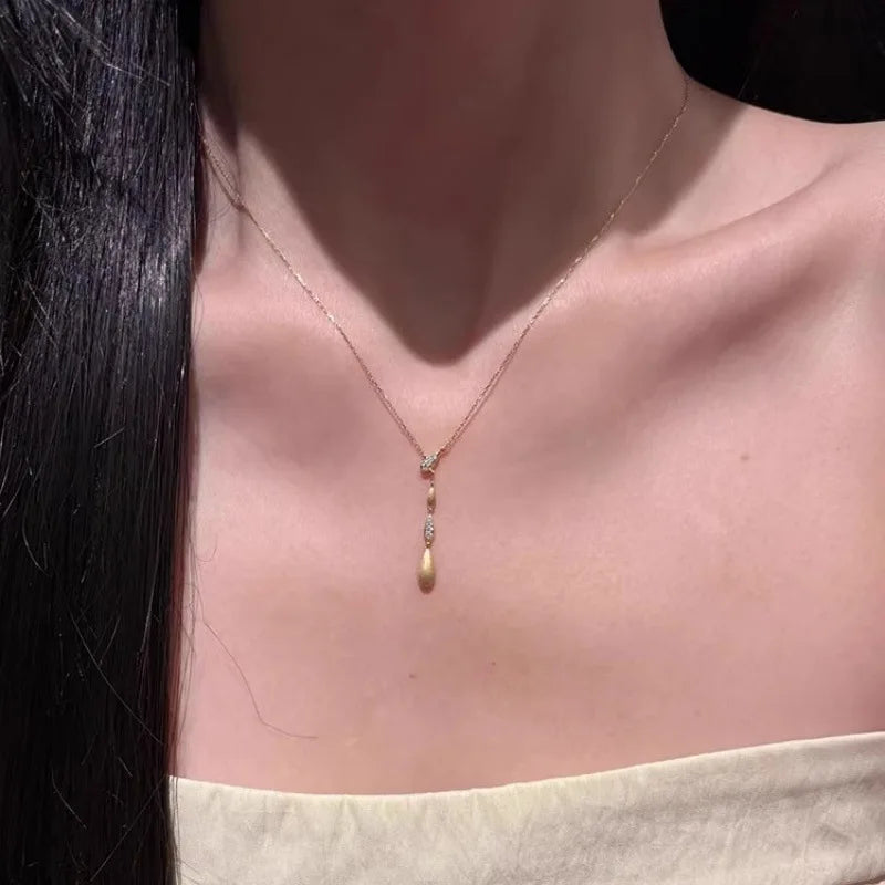 2025 New Style Zirconium Teardrop Brushed Necklace Medieval Tassel Gold Melon Seed Clavicle Necklace for Women