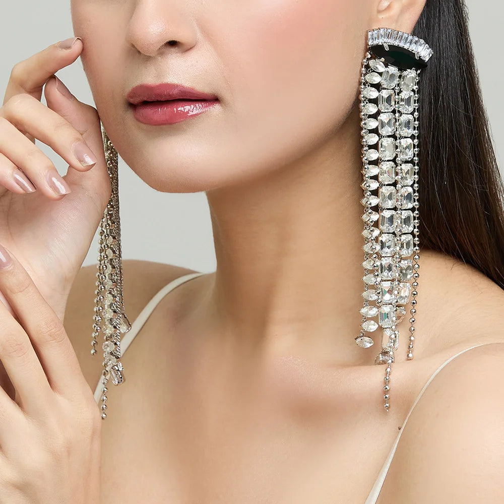 Stonefans Fashion Long Tassel Earrings Women Luxury Ear Accessoreis Exaggerated Geometric Rhinestone Dangle Earring Party Gift