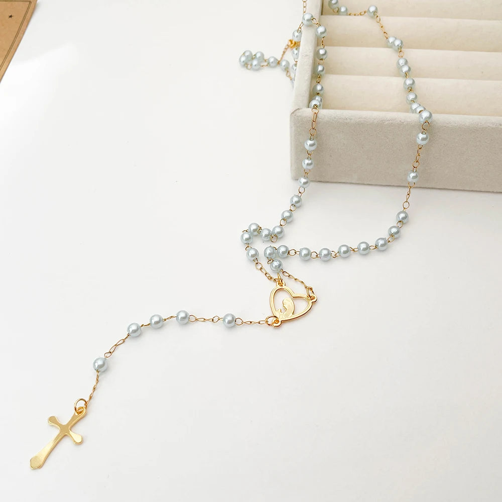 Y Shape Beads Chain Gold Color Stainless Steel Virgin Mary Cross Rosary Pendant Long Necklace Women Girls Jewelry Spiriti Pray