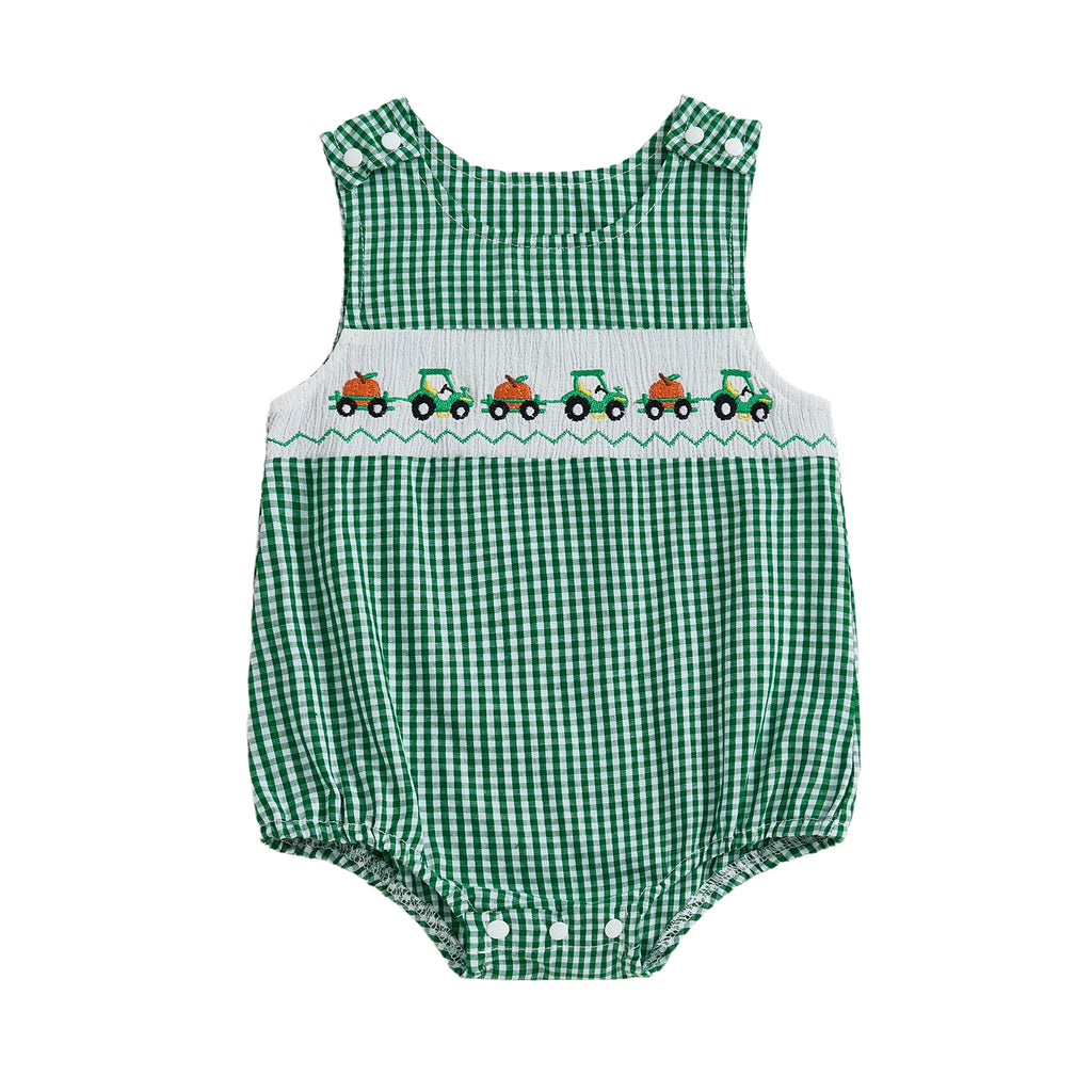Toddler Boy Autumn Plaid Overall Thanksgiving Turkey and Cornucopia Embroidery Crew Neck Sleeveless Rompers
