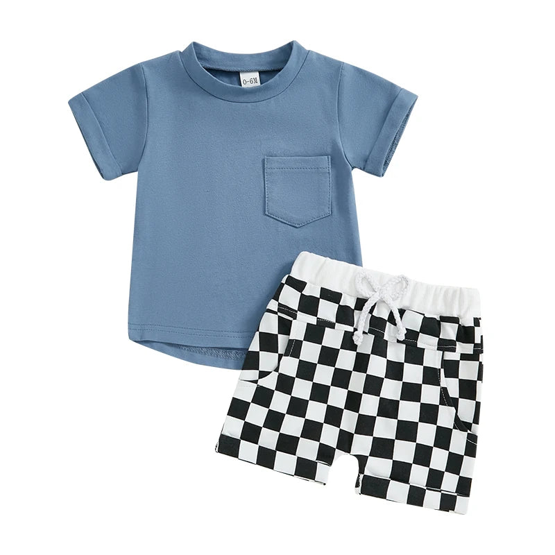 Cute Infant Boy Casual Wear Solid Color Tee and Plaid Shorts Set for Hot Weather 2 Piece Outfit for Toddlers