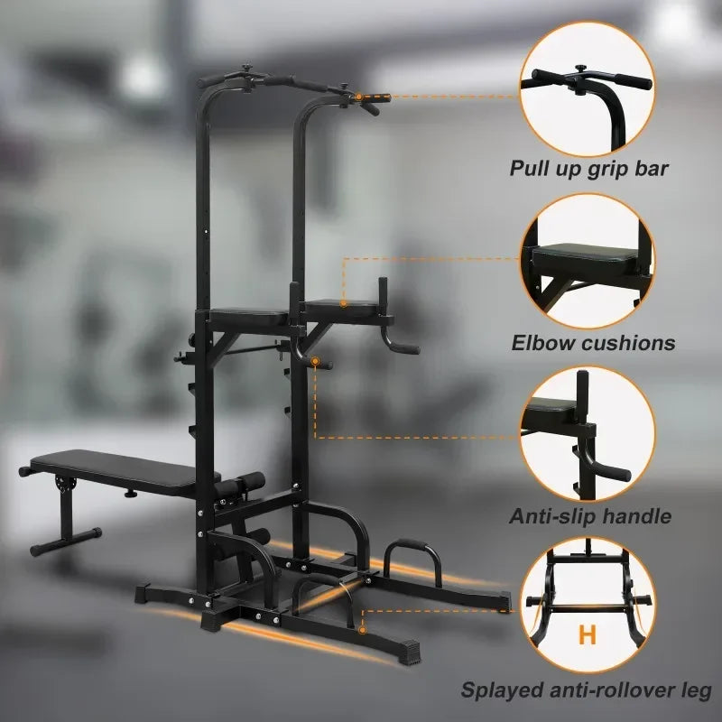 Power Tower Dip Station with Bench Pull Up Bar Heavy Duty Multi-Function Fitness Training Equipment for Home Office Gym